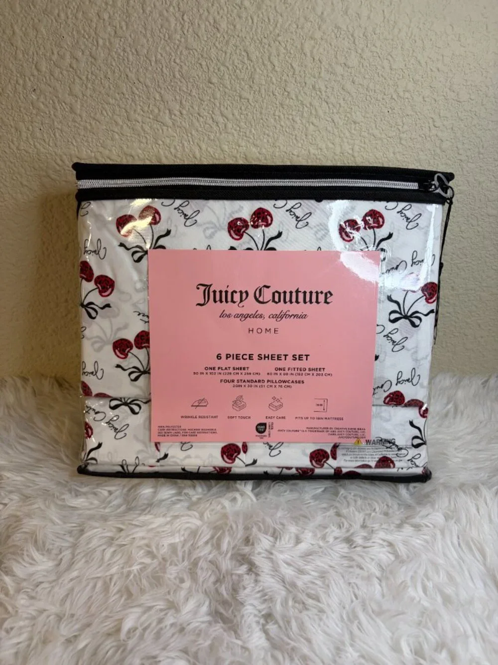 Juicy Couture Queen Cherry Bow Sheet Set 6 Pc White Black Pink NWT